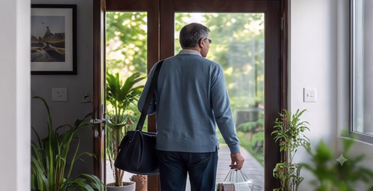 Patient walking out of their front door carrying a bag