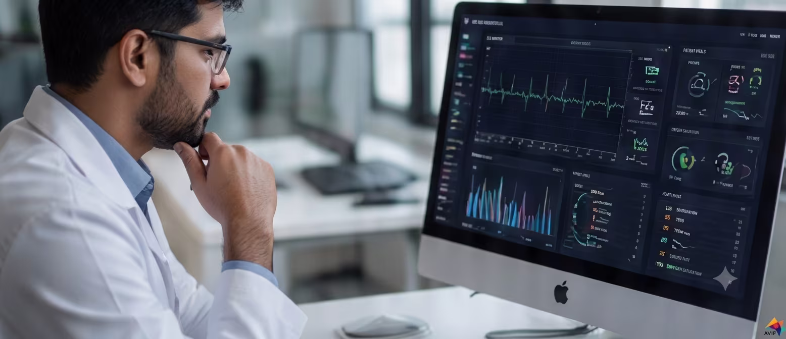 Doctor reviewing a patient's live vitals dashboard on a monitor